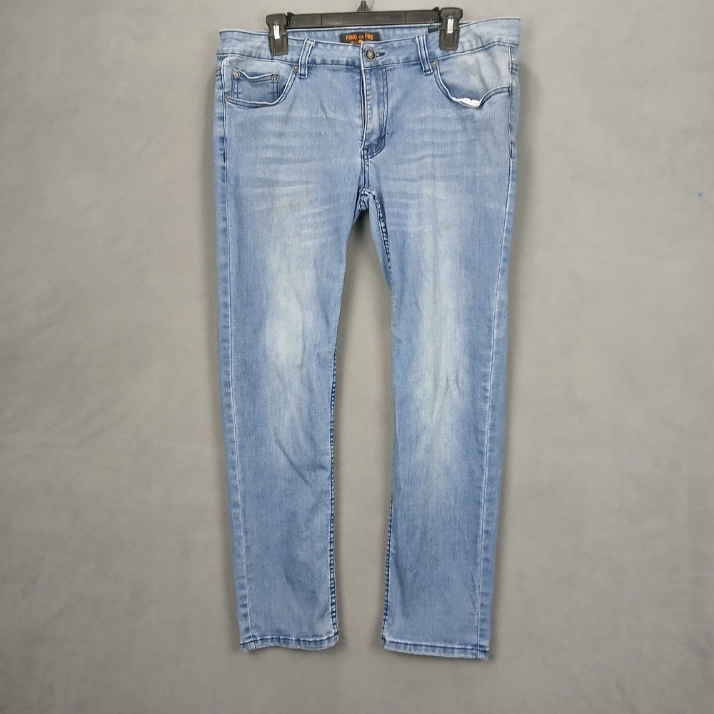 Ring Of Fire Jeans Mens 32x30 Blue Denim Stretch Whiskers Mid Rise Slim Fit